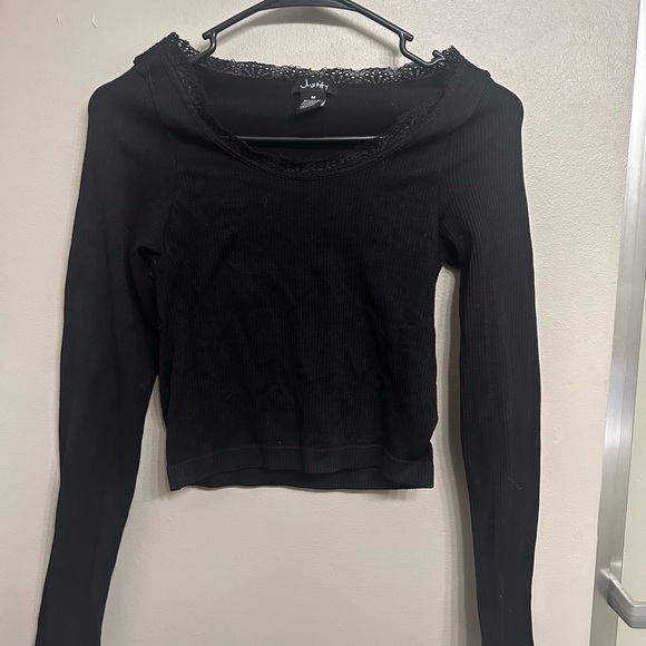 Justify Tops - Justify Black Ribbed Long-Sleeve Lace Trim Top